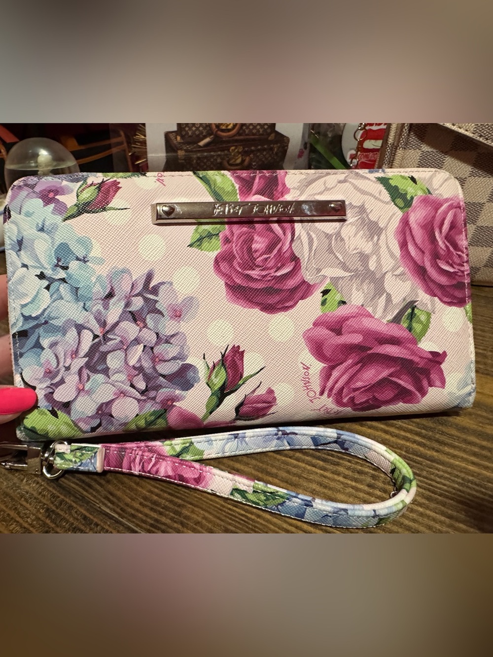 Betsey Johnson Pink Floral Wristlet Clutch with Purple Accents